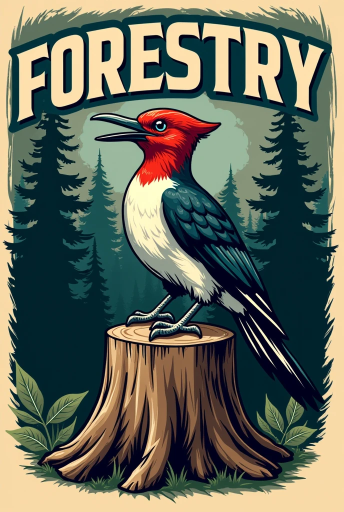 A cartoon illustration of a woodpecker, perched on a tree stump with its wings spread, with an aggressive visual, to be used as a stamp for a university vest of a forestry athletics. Put trees in the background and make an illustration in darker tones. The illustration must contain the writing "Forestry" above the woodpecker, and the writing "10 years of History" below the woodpecker