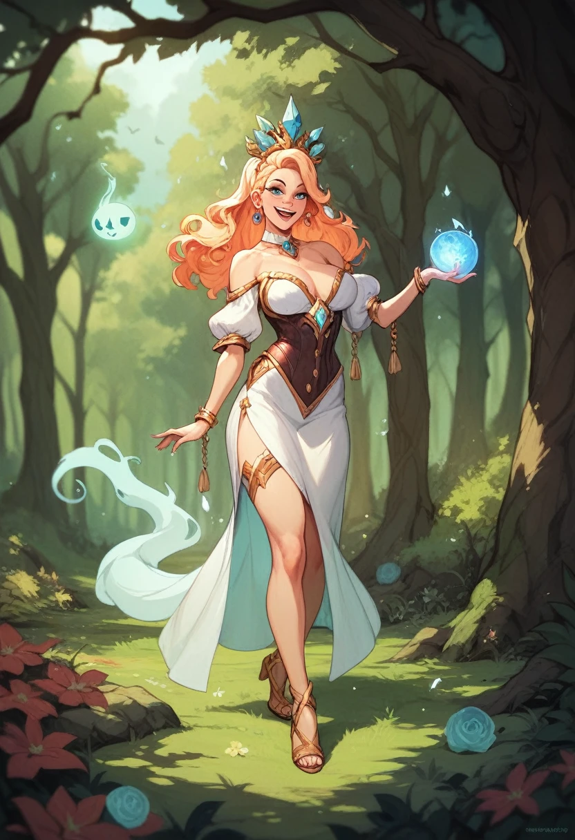 (masterpiece) (best quality) (detailed) (8k) (sharp focus), 1 female forest spirit, wide smile, ghost