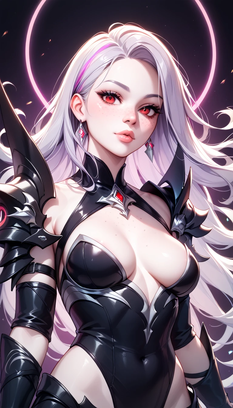 1 Girl, Medium Breasts, Light Purple Hair, Silver Highlights In The hair, Red Eyes, Nice Eyes, Long Hair Style, Freckles, Nice Lips, Nice Nose, Pale White Skin, Smooth Skin, Black Assassin Outfit, Sexy Outfit, Sexy, Shadow Neon Background