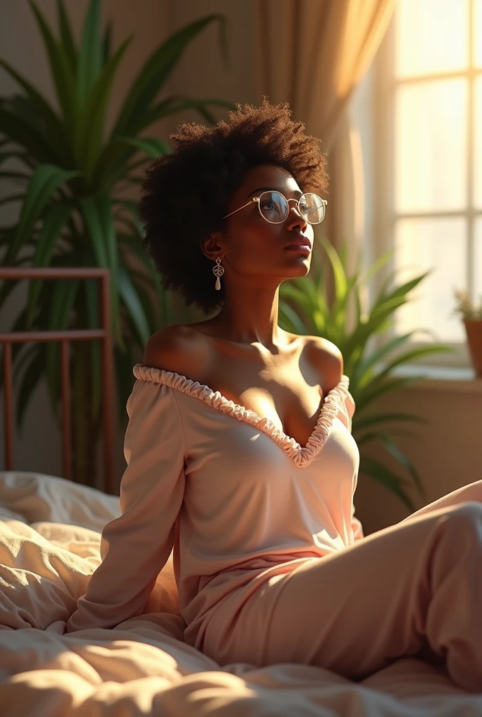 (photorealism:1.2), black beautiful woman, sitting on bed, wearing loose off-shoulder top, pajama pants, short curly hair, wearing oversized glasses,indoors, soft lighting, plants in background, window with sunlight, cozy room, relaxed pose, realistic, intricate details, warm colors,