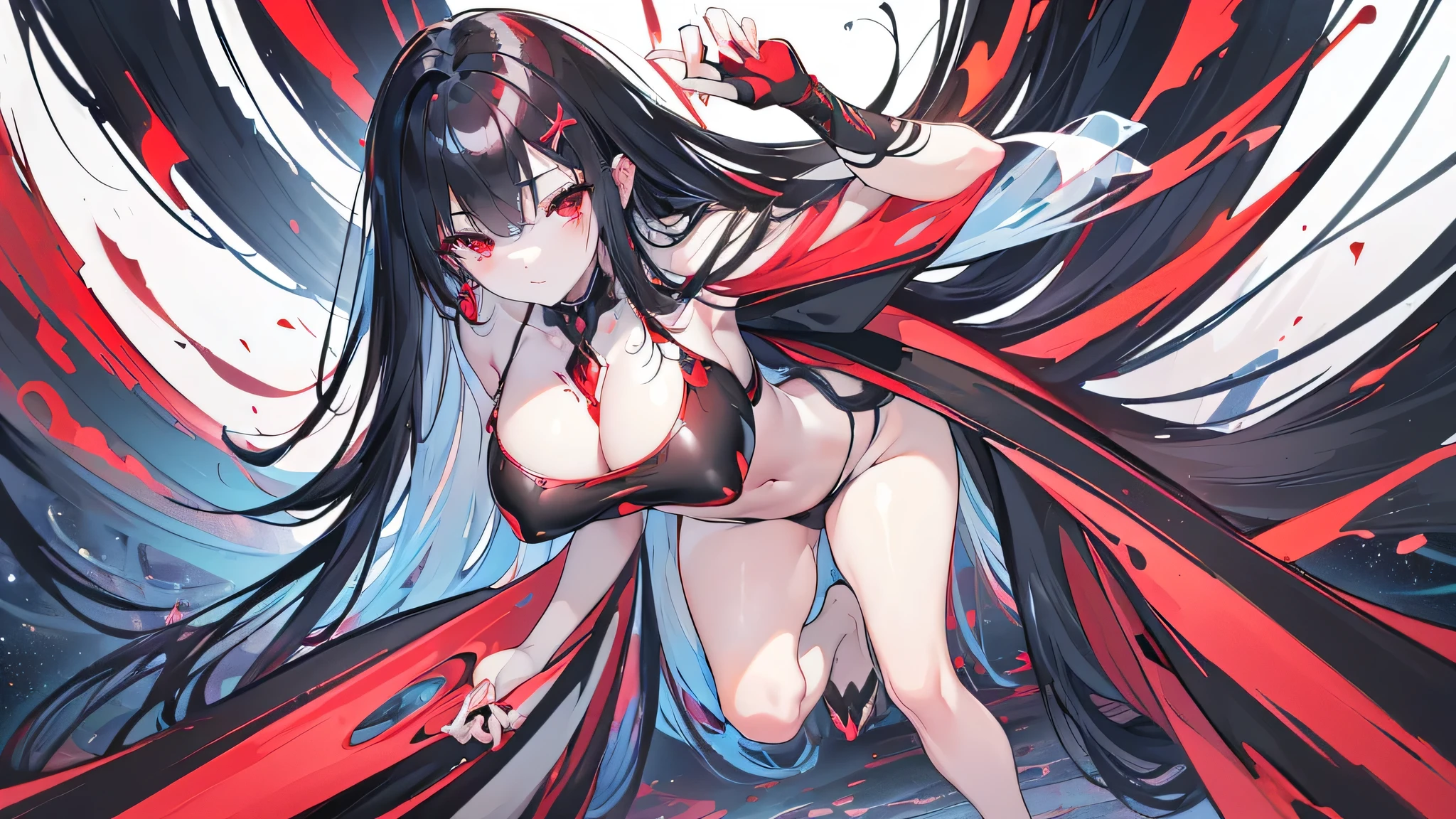Exquisite eyes),(Clear and beautiful eyes:1.61),masterpiece, ung girl,(Black clothes and some red gems), Black long hair, (She has a huge red gem on her chest), Good Hand,((The Havoc of StarCraft)),full-body shot,Fighting Stance,(Red Eyes:1.466),short and small,(Very big breasts:1.35),(Pretty Face),(full-body shot:1.33),Beautiful hands