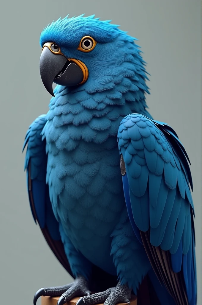 Blue macaw with a serious face and crossed arms