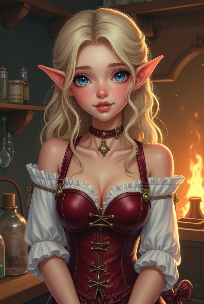 ((Best Quality)), ((masterpiece)), (detailed), 1 elf girl, ((big bust)), elf young woman, beautiful, wavy blonde hair The shape of the face is oval, with delicate and proportionate features. The eyes are a deep blue, bright and expressive, and slightly tilted upwards at the ends. The eyes are medium sized, highlighting on the face. The eyebrows are a darker shade than the hair., black. The eyebrows are arched and well defined. The nose is straight and elegant., with a small curve at the tip. The nose is of medium size. The lips are plump and soft.. The lips have a natural pink tone. The mouth is small and slightly curved in a soft smile.. There is no beard or facial hair. The skin is pale and smooth, with a healthy appearance. Skin tones of the face, There is a slight blush on the cheeks. There are no moles, freckles or scars on the skin. She's dressed in hunting clothes, made of leather, her shoes are made of leather. Gothic Leather Corset-Vest, wine color. Her white shirt has no straps, her shoulders are bare. It's inside the kitchen., She is making magic potions., In the background, you can see the fire..