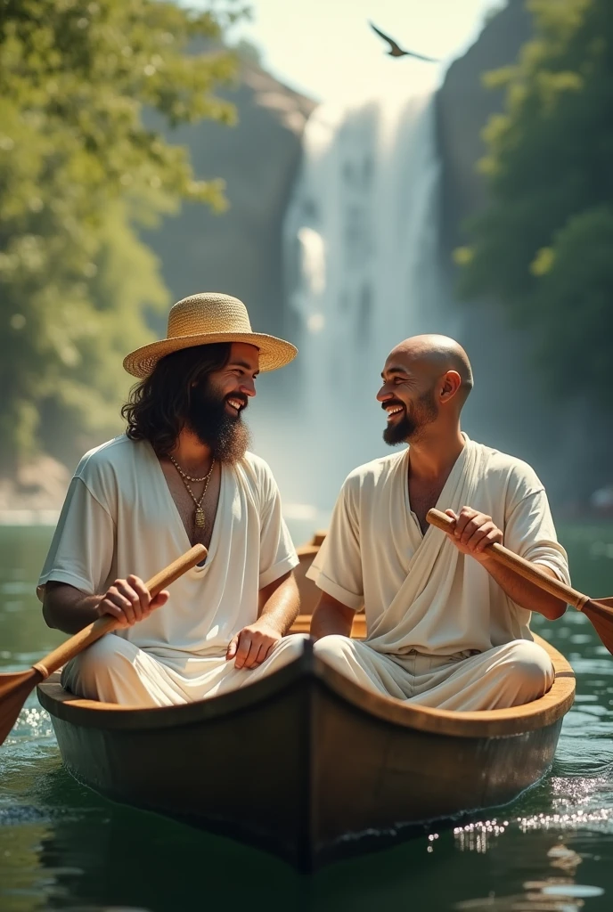 Jesus Christ and Buddha enjoy rowing down the river in a canoe. They look smart and smart and have fun and laugh. They have an oar in one hand. Their faces convey deep wisdom and empathy, exuding warmth and understanding. They are wearing white T-shirts, jeans and straw hats. Jesus of Nazareth is depicted as a gentle, gentle man with shoulder-length hair. His wavy brown hair flows over his shoulders. The smile of the Japanese man next to her shows deep wisdom and empathy, and he is depicted as a kind-hearted Japanese man with a Buddha-like shaved head and a gentle, cheerful expression. they are shining. You can see a waterfall in the back. forest. A small bird is flying. Photography, highly detailed, trending at the art station, sharp focus, studio shot, intricate details, Greg Rutkowski,