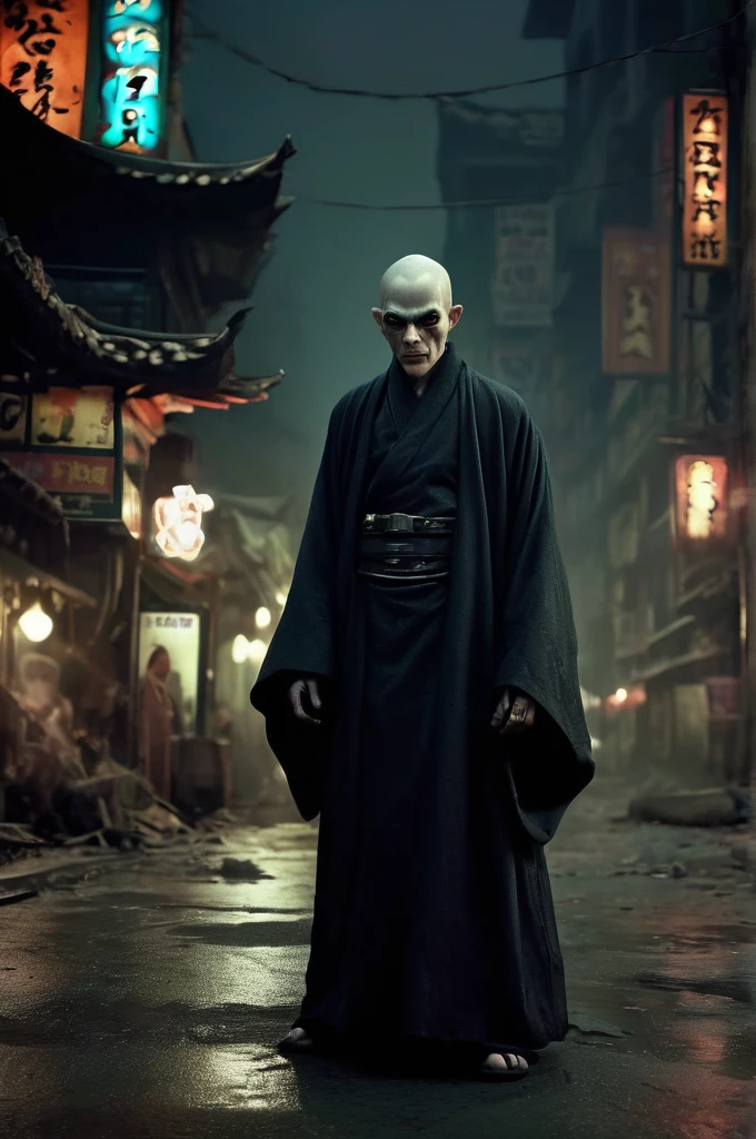 Steampunk Night City、Giant Monsters、Full Body Shot、Horror-themed movie stills,、Calm, big headed old man, Skinhead、No corners、Head enlargement(Head size 1:9)、(Full body portrait:1.3), Nurarihyon、I am wearing a kimono, Shallow depth of field, Vignette, Very detailed, High budget, Sulky, wonderful, Film Grain, granular . Spooky, Concerned, dark, Spookyな, Suspenseful, strict, Very detailed高解像度,