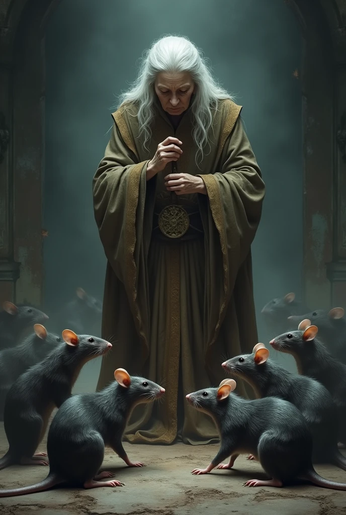 Rats bowing to an elderly lady
