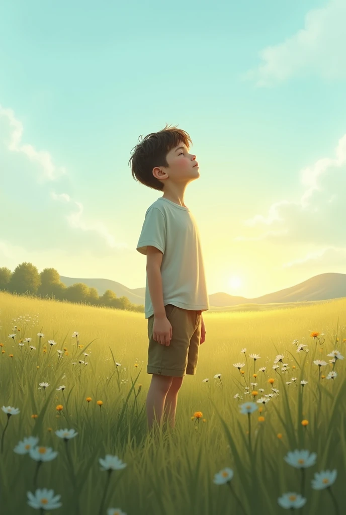 The image shows a young boy standing on a field, looking up at the sky with his eyes closed.