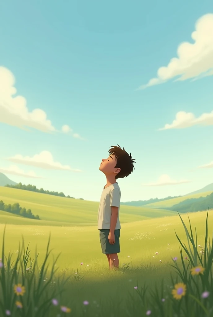 The image shows a young boy standing on a field, looking up at the sky with his eyes closed.