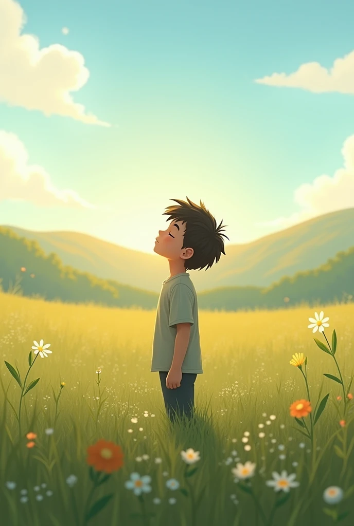The image shows a young boy standing on a field, looking up at the sky with his eyes closed.