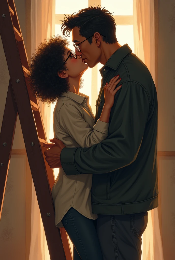 Young girl with glasses and curly hair kissing on the mouth an older man with glasses and black hair who is taller than her, on a ladder