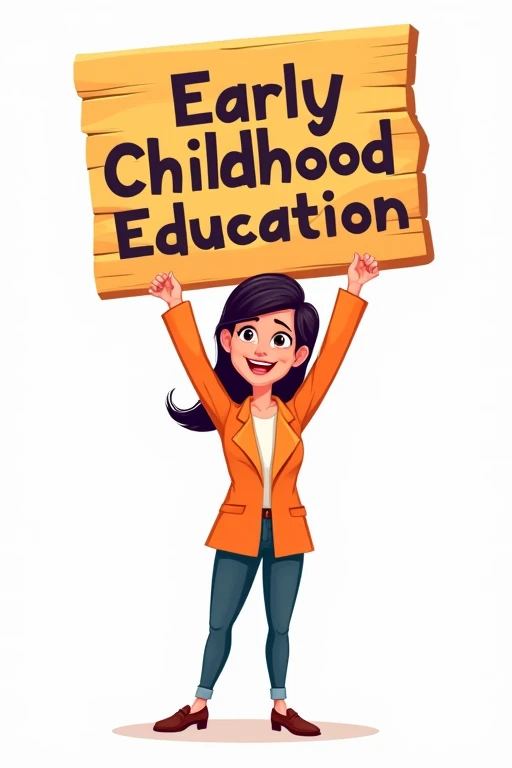 Cartoon of a well-dressed but fashionable teacher, high, young woman holding a wooden sign above her head
and looking directly at it with an animated expression. The sign says "Early Childhood Education" and the background is white.