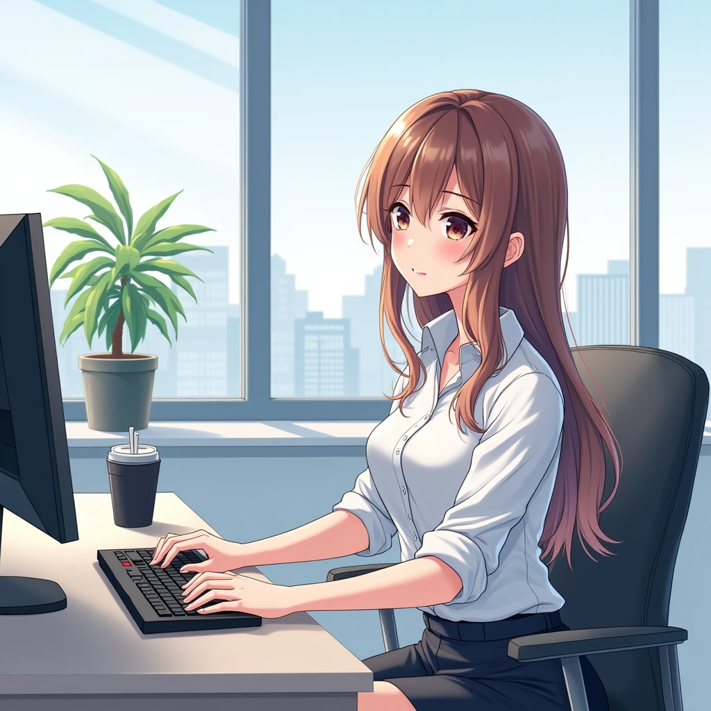 Female employees at IT companies、Beauty、I am working in the office.、In the style of Japanese anime illustration、The computer screen is visible.