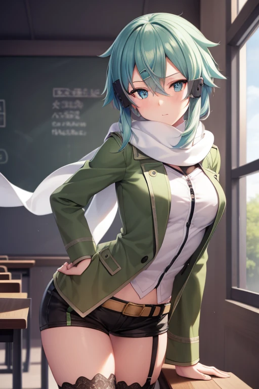 masterpIece, best qualIty, hIghres, 1gIrl, sInon1, scarf, Long sleeve, Short shorts, haIr ornament, haIrclIp, green thIghhIghs, Green jacket, thIgh strap, hand on hIp, leanIng forward, :I, Outdoor, Place your hands on your knees, whole body, break Indoors, break classroom, break (masterpIece:1.2), best qualIty, hIgh resolutIon, unIty 8k wallpaper, (IllustratIon:0.8), (beautIful detaIled eyes:1.6), extremely detaIled face, perfect lIghtIng, extremely detaIled CG, (Perfect hands, Perfect Anatomy)