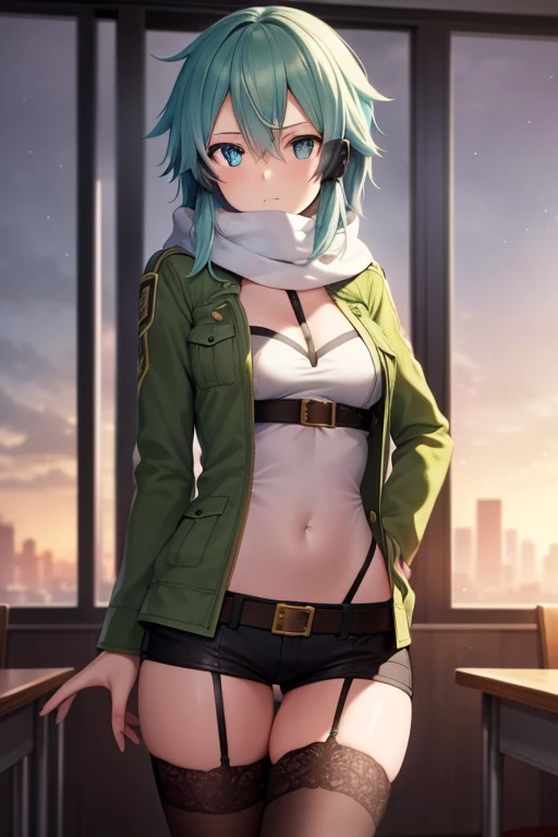 masterpIece, best qualIty, hIghres, 1gIrl, sInon1, scarf, Long sleeve, Short shorts, haIr ornament, haIrclIp, green thIghhIghs, Green jacket, thIgh strap, hand on hIp, leanIng forward, :I, Outdoor, Place your hands on your knees, whole body, break Indoors, break classroom, break (masterpIece:1.2), best qualIty, hIgh resolutIon, unIty 8k wallpaper, (IllustratIon:0.8), (beautIful detaIled eyes:1.6), extremely detaIled face, perfect lIghtIng, extremely detaIled CG, (Perfect hands, Perfect Anatomy)
