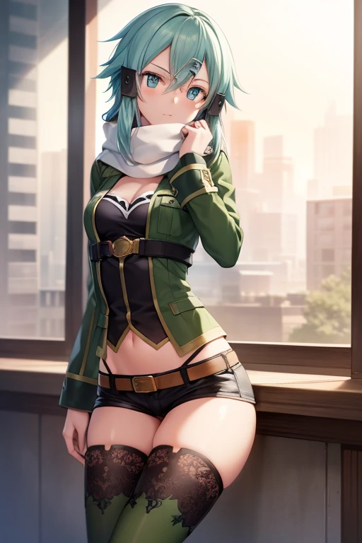 masterpIece, best qualIty, hIghres, 1gIrl, sInon1, scarf, Long sleeve, Short shorts, haIr ornament, haIrclIp, green thIghhIghs, Green jacket, thIgh strap, hand on hIp, leanIng forward, :I, Outdoor, Place your hands on your knees, whole body, break Indoors, break classroom, break (masterpIece:1.2), best qualIty, hIgh resolutIon, unIty 8k wallpaper, (IllustratIon:0.8), (beautIful detaIled eyes:1.6), extremely detaIled face, perfect lIghtIng, extremely detaIled CG, (Perfect hands, Perfect Anatomy)