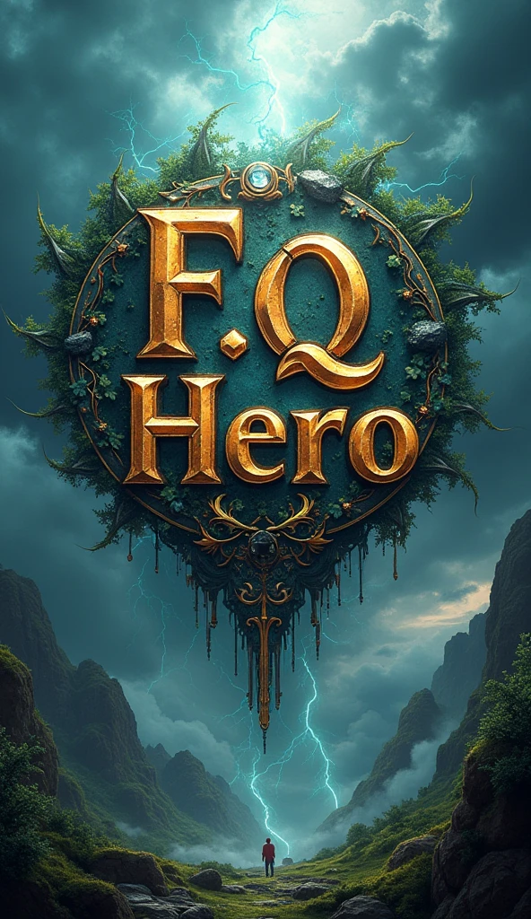 There is a title word "F.Q Hero" written in the center of the logo, ((classical, green, wild, rustic, forest, jungle, plants, fire, thunder, blast, fantasy, strong, realistic, 8k ultra HD, technology, nano tech, silver, white, crystal clear, 3D, mythology, Sci-Fi, cool, Storm, Winter, rainy,)) title word "F.Q Hero". 3D poster.