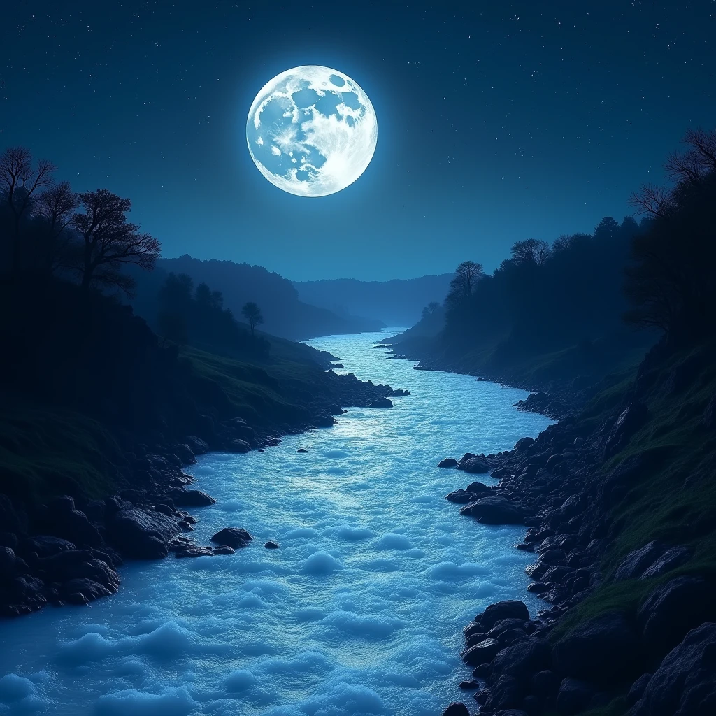 The beautiful, large flow of the Moon River, the silence of the night, the twinkling night sky, transparency, dynamism