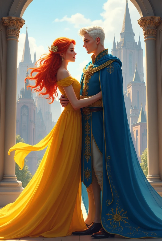 A couple. A queen with red hair wearing a yellow dress., and he is a king with white hair dressed in blue. The couple are young, 22 years old. Behind them, KINGDOMS