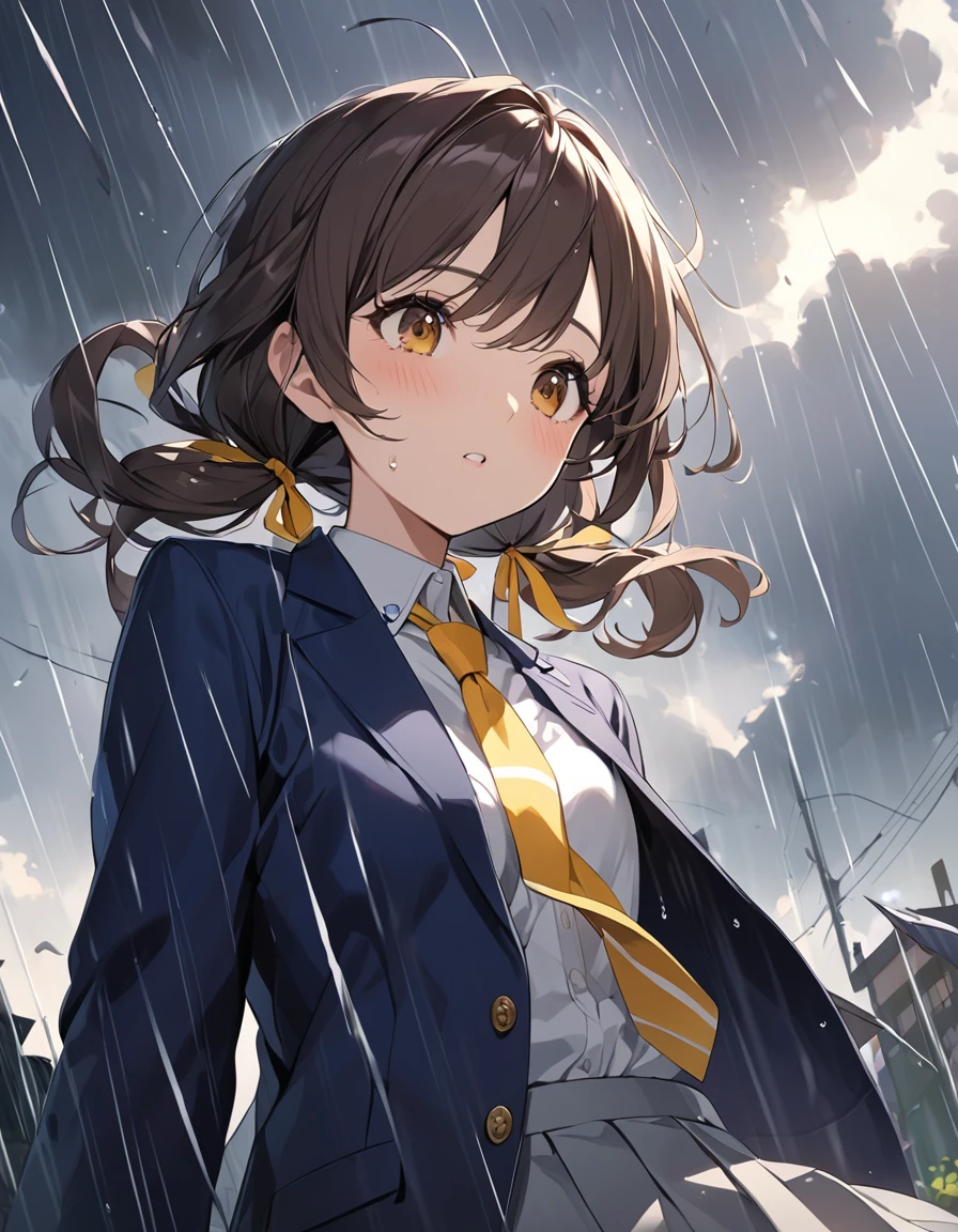 Top quality illustrations, One beautiful girl, Kind eyes、Dark brown hair、short hair、Wavy Hair、Curly Hair、Low twin tails、Short pigtails、school uniform,{Dark Blue Blazer、White shirt、Yellow ribbon tie、Grey pleated skirt}、sideways rain、Heavy Rain、storm、Strong winds、Gloomy sky、The skirt flips up in the wind、I can see her panties、Striped panties