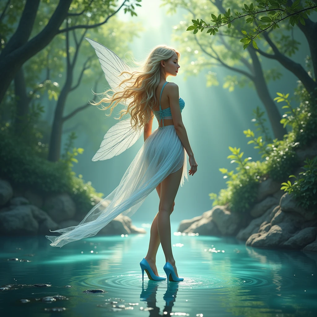 Forests and lakes、A forest fairy standing by a lake in a white dress with sky blue lingerie、Blonde Hair、The line from the waist to the hips is prominent。Slightly backwards、Sky blue heels