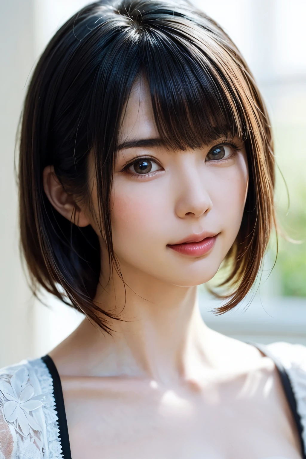 ((masterpiece, Highest quality, High resolution、Realisticですべてが美しく詳細に描かれている)), 1 person, (Realistic: 1.4), alone, White Background, snow-White Background, Mouth closed, smile, smile, Beautiful black hair, short hair, Big eyes, Transparent double eyelids, eyelash, Listen carefully, Long neck, 美しくLong neck, Absolute area, ((Face close-up)), (Draw the whole head, shoulder), 19 years old, Attractive proportions, Glowing Skin, Beautiful clavicle, Golden ratio face, Perfect Face, Teardrop-shaped mole, chestのほくろ, bangs, clean bangs, beautiful bangs, Lip gloss, Thin lips, Fair skin, naked, Big Breasts, {Huge|big|Hugeな|Mega} chest:2, chestの谷間:2,chestの谷間を見せる、Small face, Small face, All the heads are painted, shoulder all drawn, Point slightly above the camera