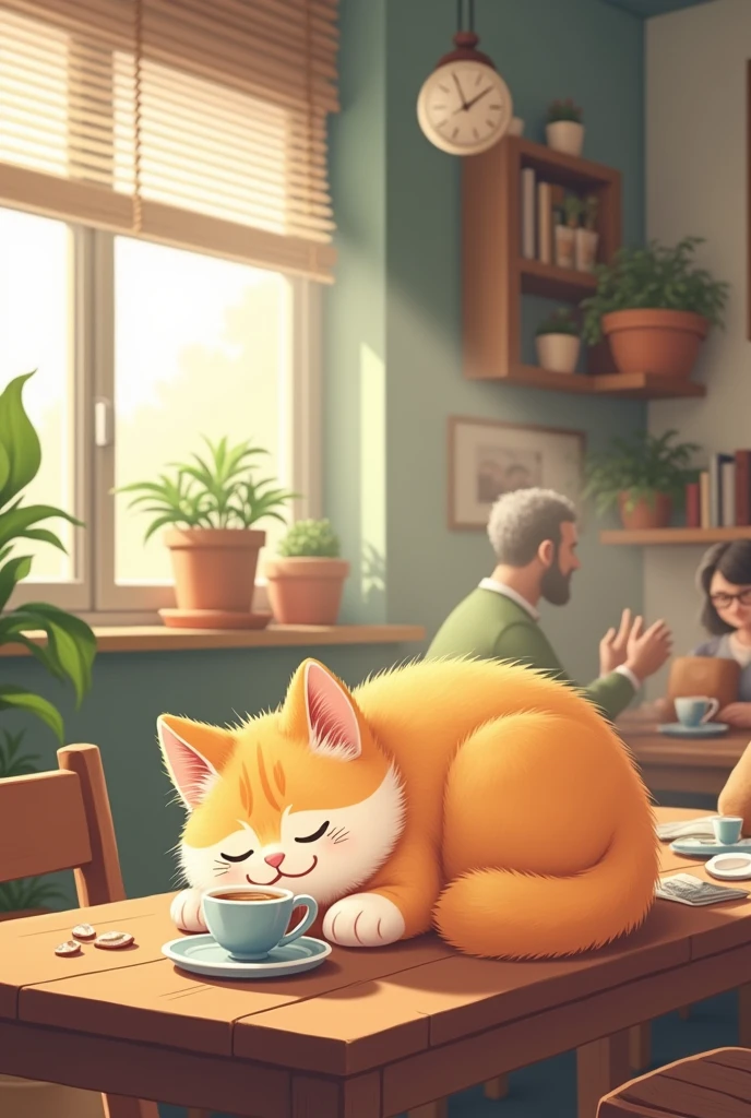 With animation style illustrations、Draw a cat relaxing in the cafe.。The cat has fluffy fur、Calm atmosphere。Cafe interior、Wooden table and chairs、The potted plants create a warm atmosphere.。Soft sunlight is shining through the window.、The entire cafe is bathed in a warm light.。The cat is curled up sleeping on the table、There are coffee cups and books around.。background, You can see other cafe regulars enjoying themselves.。