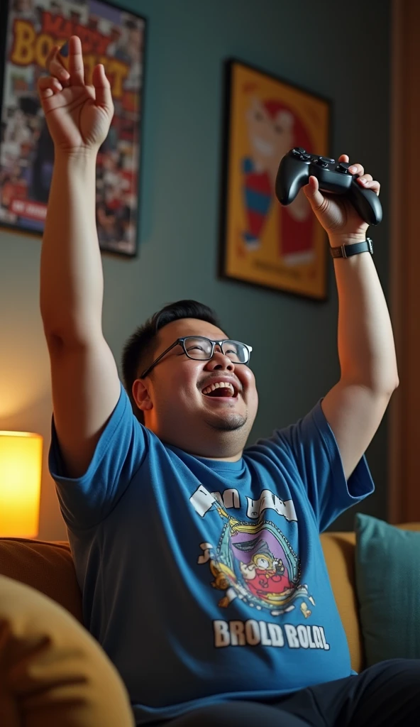 photorealistic, best quality, masterpiece, extremely detailed, (side view), extremely handsome, 30 year old chubby borneo man, no facial hair, glasses, wearing 8bit graphic tshirt, holds a video game console controller in right hand, both hands in the air, celebrating, sitting on couch, in fun bedroom, movie posters on the wall, extremely romantic atmosphere, perfect face, perfect fingers, perfect hands, perfection
