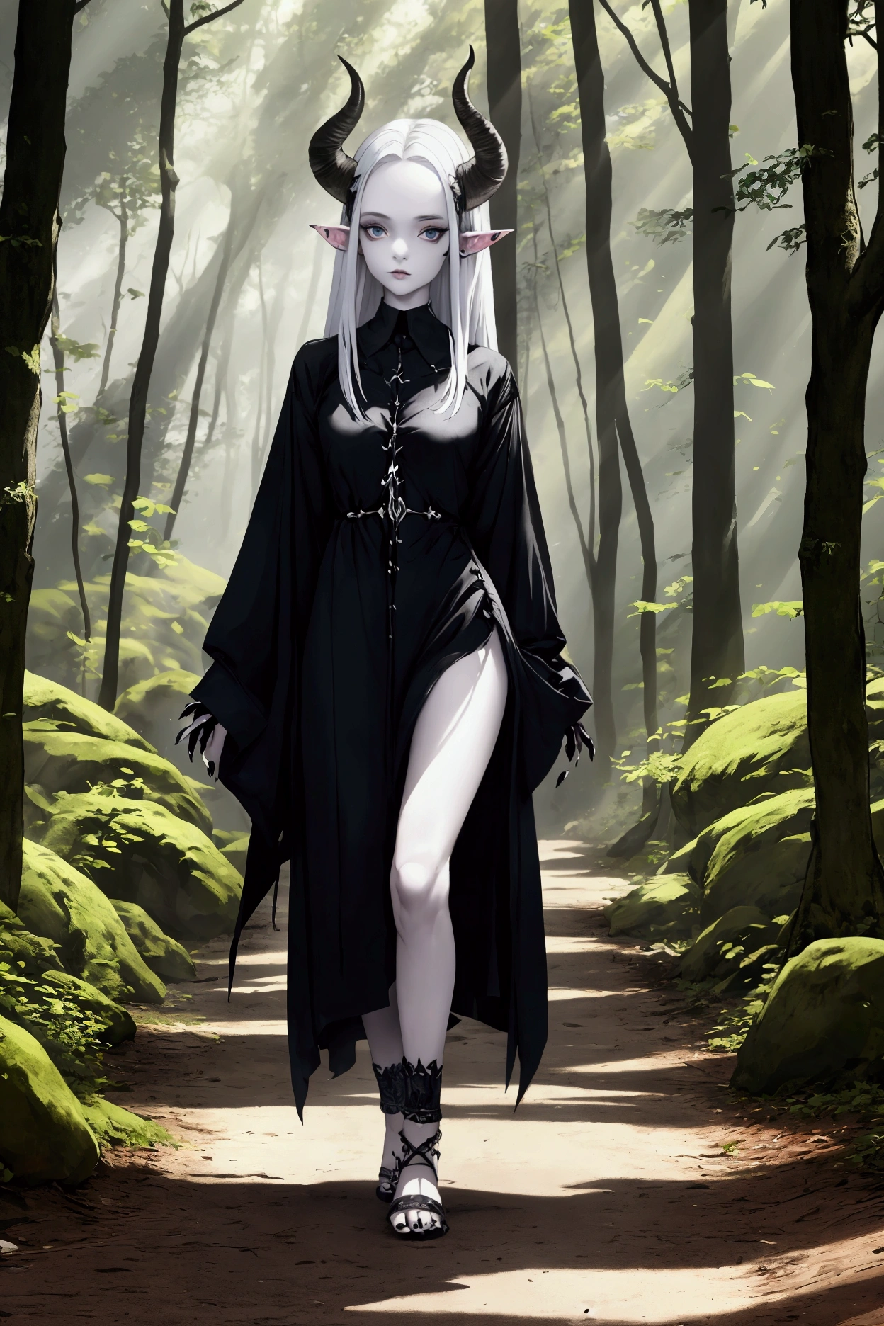 thin girl with pale skin, pointed ears and horns on her head. wearing a man's shirt as a dress, walking through a forest. black nails on the tips of the feet and hands.