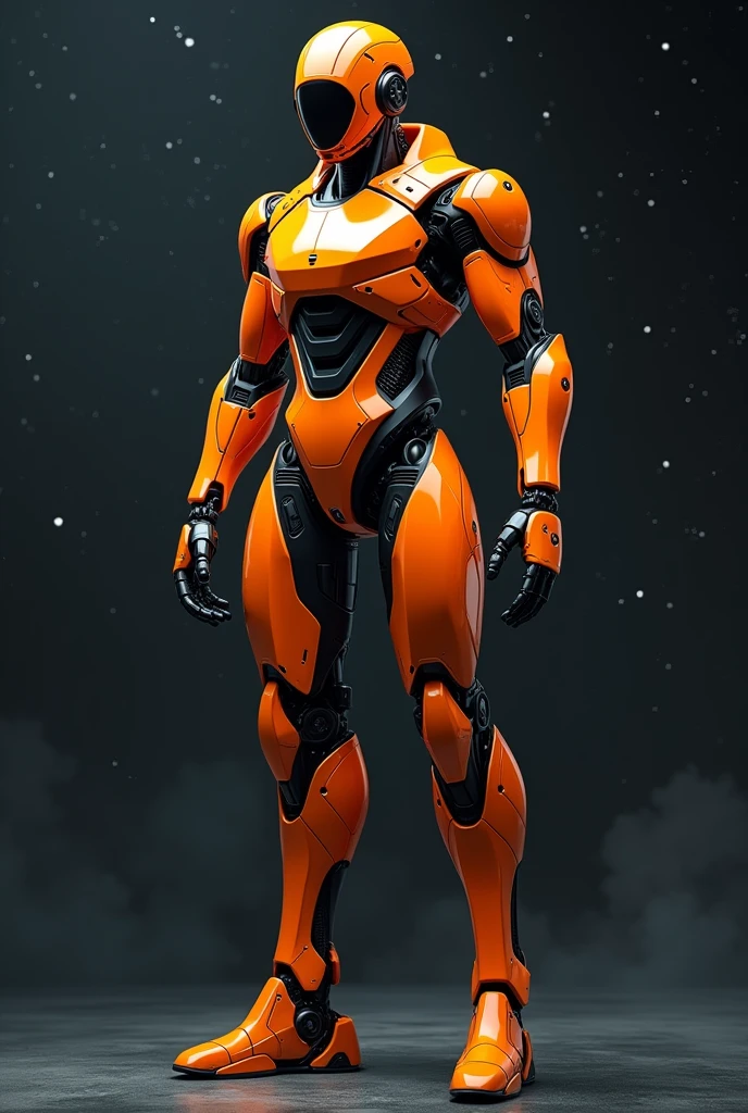 Generate a design of a sporty orange space robot with black details all over the ship