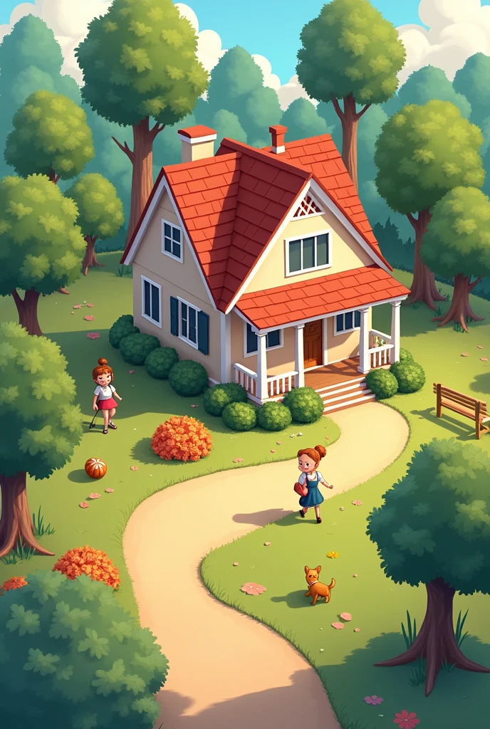 Make me a map type with a couple's house and a little dog., a park that is 2 minutes from the house