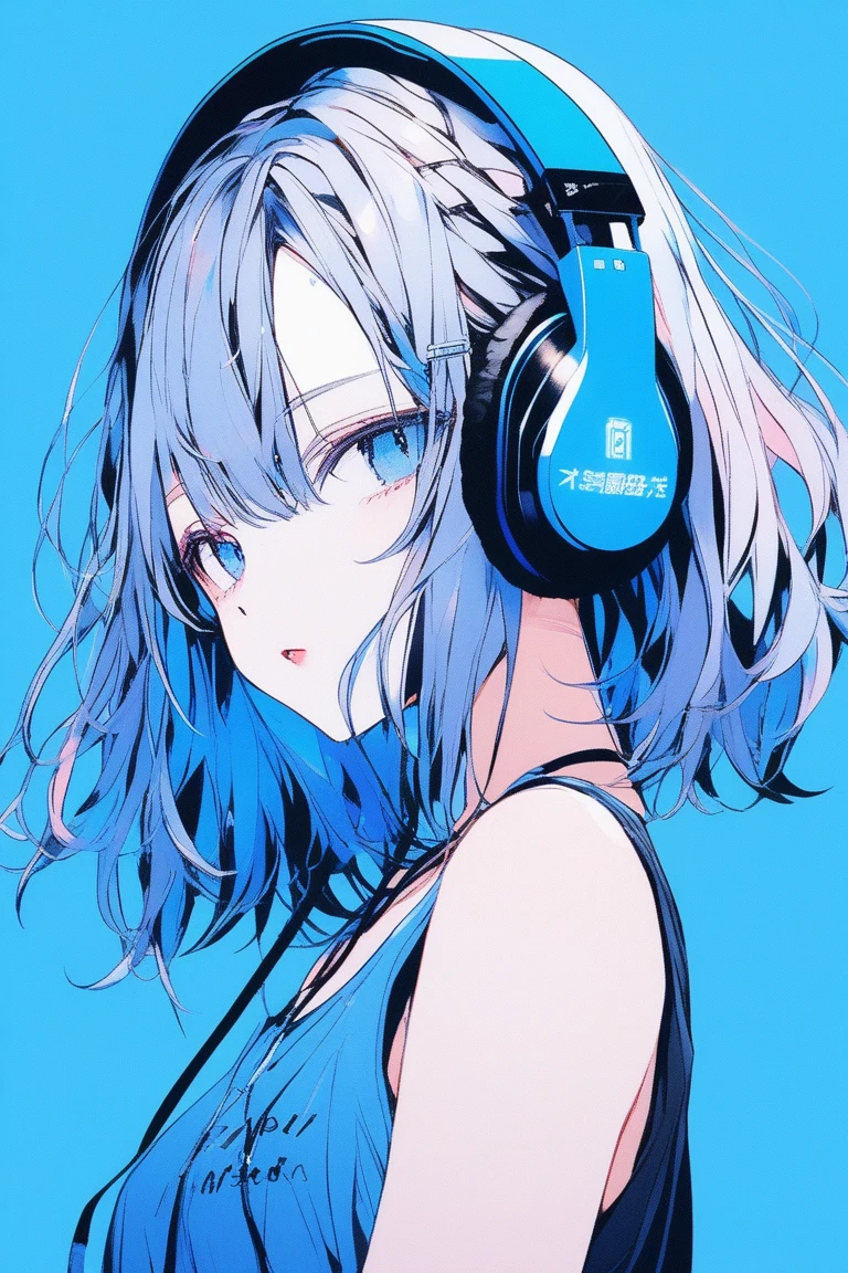 ((masterpiece,Highest quality)), 8k, anime , Realistic ,sketch, anime風のポートレート, 黒猫を連れたanimeの女性, 20-year-old, Blue gradient background, Mesh Knit Tank Top, Neon medium length hair, lip, Wear headphones, Texture Trim, Canadian, Upper Body, (masterpiece,Highest quality)