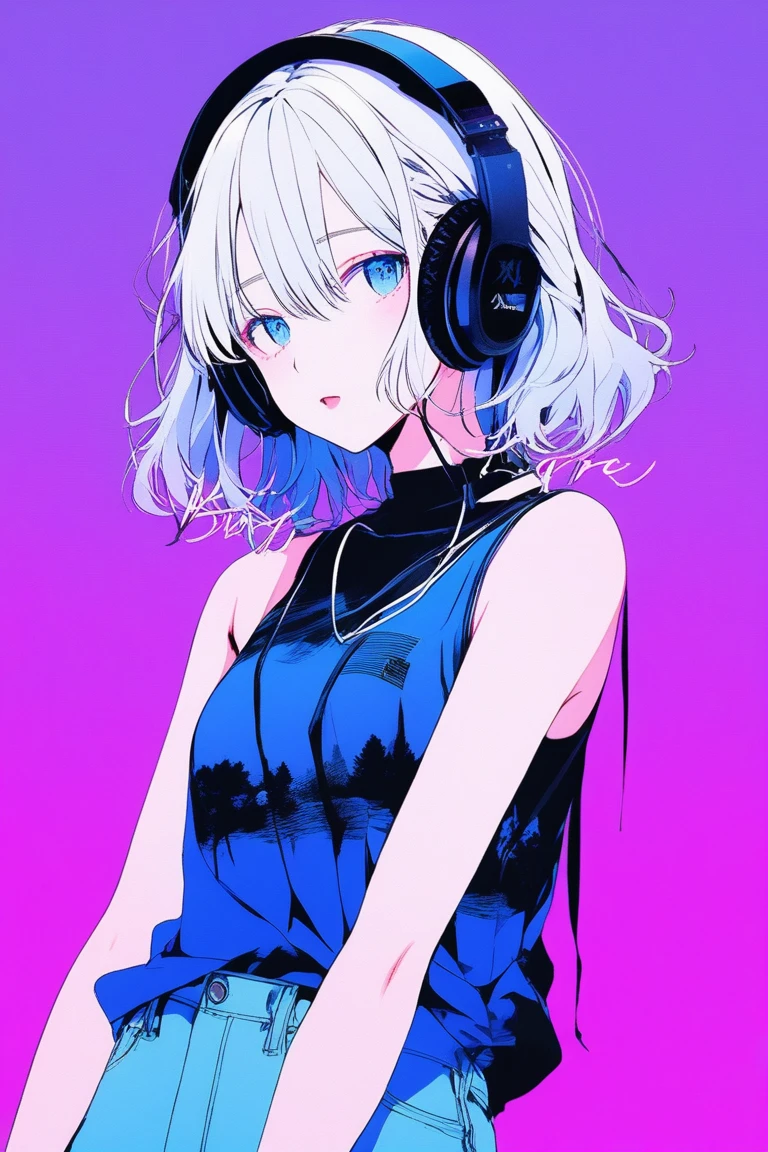 ((masterpiece,Highest quality)), 8k, anime , Realistic ,sketch, anime風のポートレート, 黒猫を連れたanimeの女性, 20-year-old, Blue gradient background, Mesh Knit Tank Top, Neon medium length hair, lip, Wear headphones, Texture Trim, Canadian, Upper Body, (masterpiece,Highest quality)