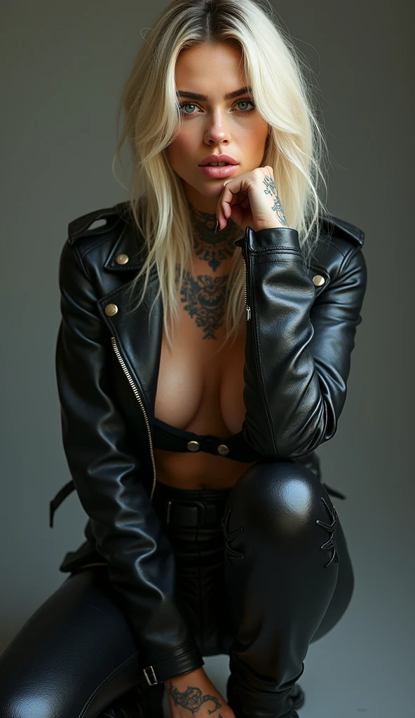 cute woman, amorous and lewd face, blonde straight hair, forehead, make-up, blue eyes, superlative body proportion, covered in tattoos, wearing open riders leather jacket, tight fitting leather pants, engineer boots, sitting on one knee, artistic photography, hyper realistic, graphic CG digital art