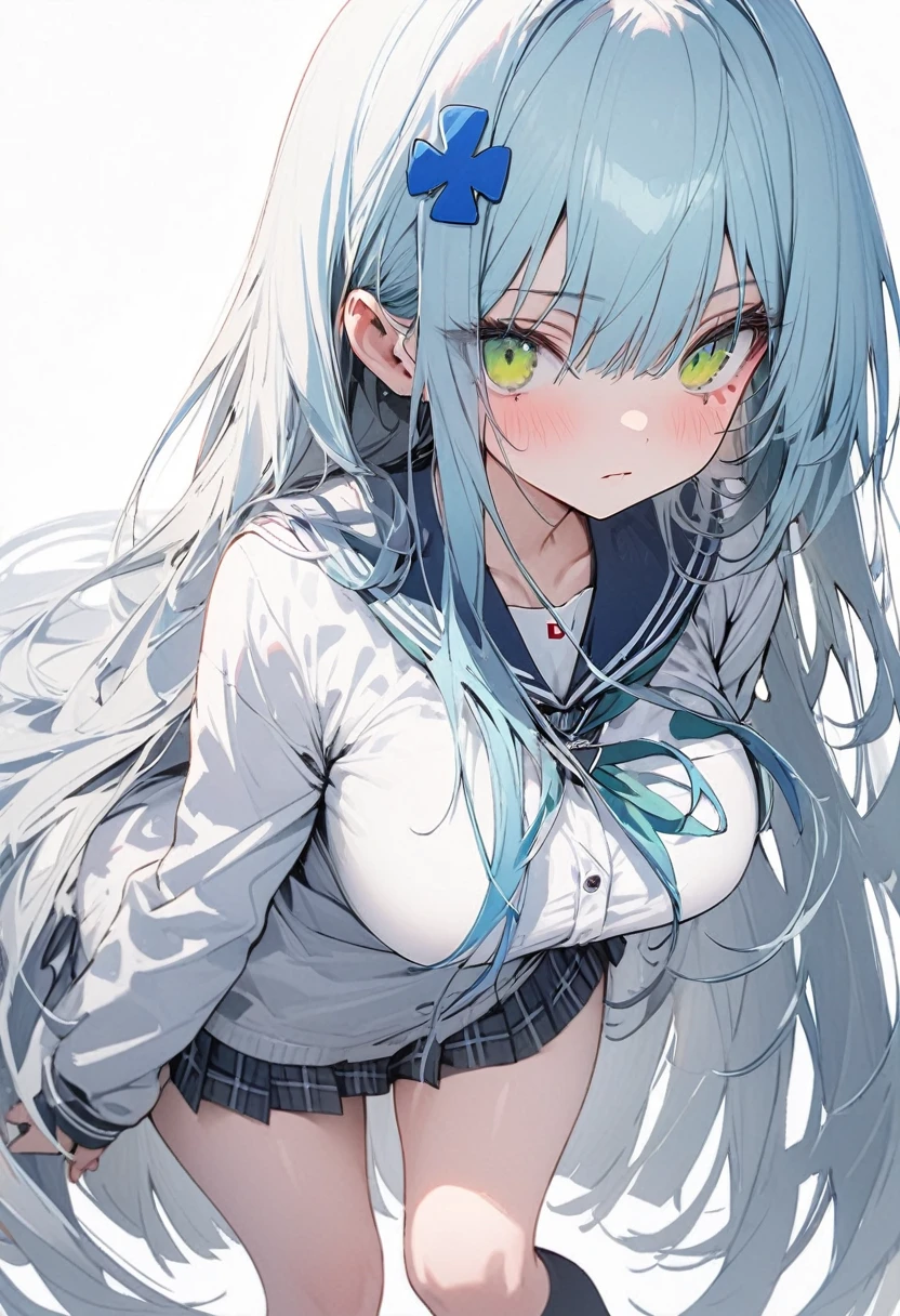 （(One person)），8k,Super detailed,(((High resolution)))，straight hair,Large Breasts,(masterpiece)，Very detailed，Simple Background，Juvenile,A sharp expression,White Background，Cool look,((hk416)) ，(Expressionless)，（(sky blue hair))，((Long Hair))，Teenage Girls,Clear Eyes，(Green Eyes),Clear white skin,Great graphics,full body,mini skirt,standing,kneehighs,clear,Thighs,Beautiful feet,(NSFW),flifted tops by self,school uniform