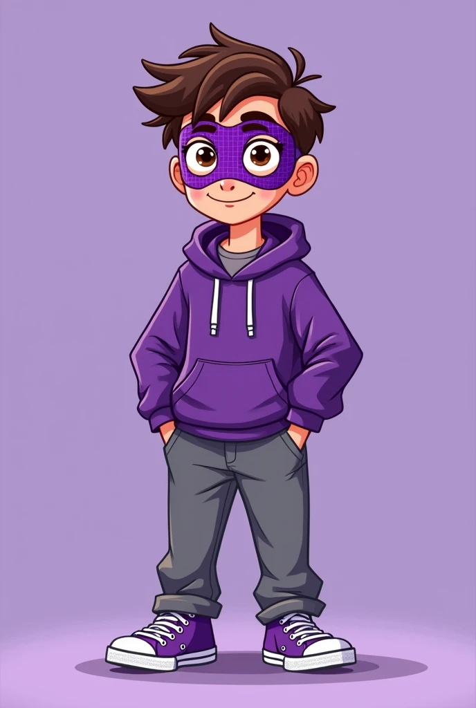 a male cartoon character with brown eyes, loose gray pants and a purple hoodie, with a purple Spiderman mask, with purple shoes and a solid purple background