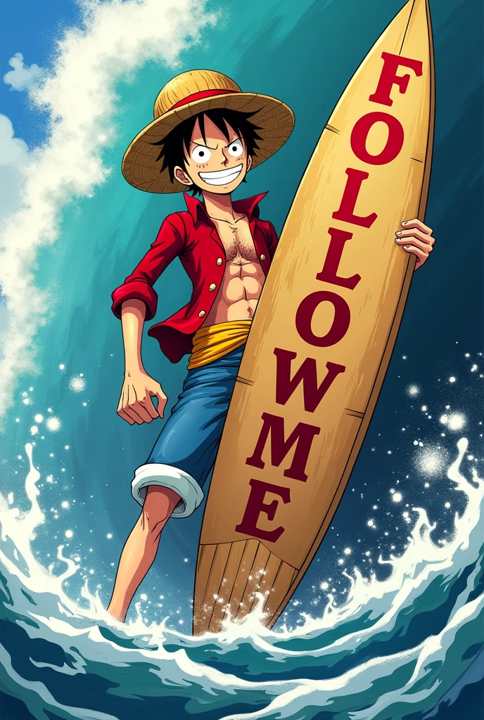 Create an anime profile picture of luffy holding an board written follow me 