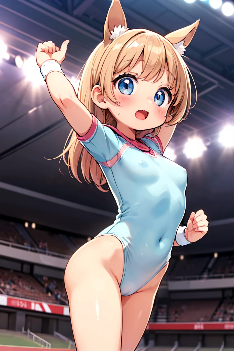 Beautiful illustration, best quality, cute girl, ((In a dark stadium)), pastel color, natural tones, ((Cute anime girl)), ((Looking at viewer)), *(Brown bangs)), ((Slim body)), ((Gymnast uniform)), ((Translucent gymnast uniform)), ((Camelote))((Horse ears)), (Blush), bright lighting, ((Big eyes)), ((Open mouth)), ((Embarrased)), ((Perfect hands))