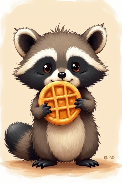 baby raccoon holding a waffle as if it were drawn with crayons