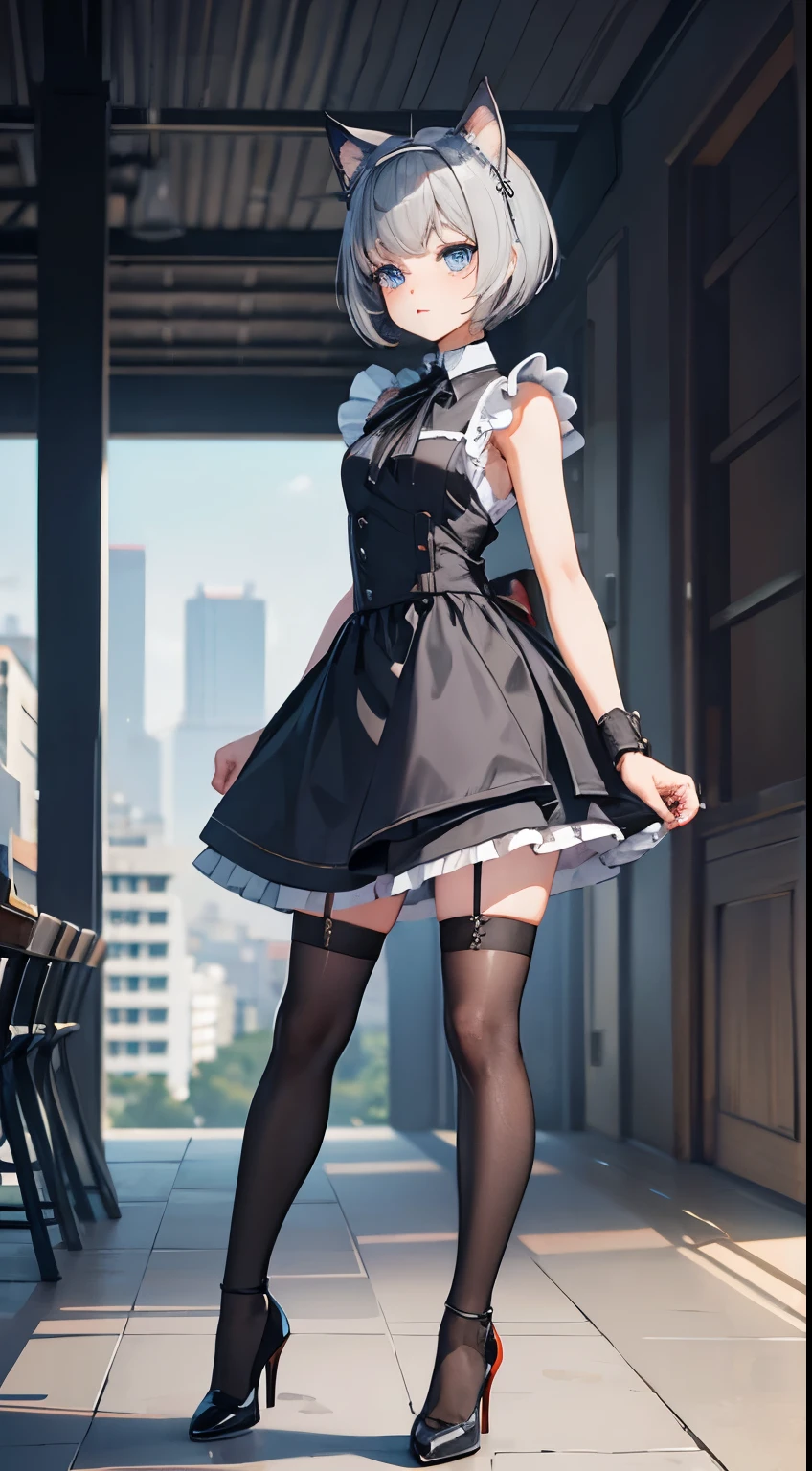 (masterpiece), (best quality), (High quality), expressive eyes, perfect face, 1girl, (grey cat ears: 1.5), BREAK, (medium hair, grey hair, pixie cut), BREAK, (big eyes, perfect eyes, blue eyes, thick eyelashes), BREAK, (thin eyebrow), BREAK, (short height), slim bulid, happy expression, (medium breasts), BREAK, (gothic maid dress, sleeveless), BREAK, ((over the knee socks)), ((black heels)), BREAK, (standing), full body, one hand on own hip, city scape, noon, looking at the viewer
