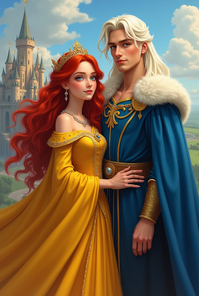 A couple. A queen with red hair wearing a yellow dress., and he is a king with big white hair dressed in blue. The couple are young, 22 years old. Behind them, KINGDOMS
