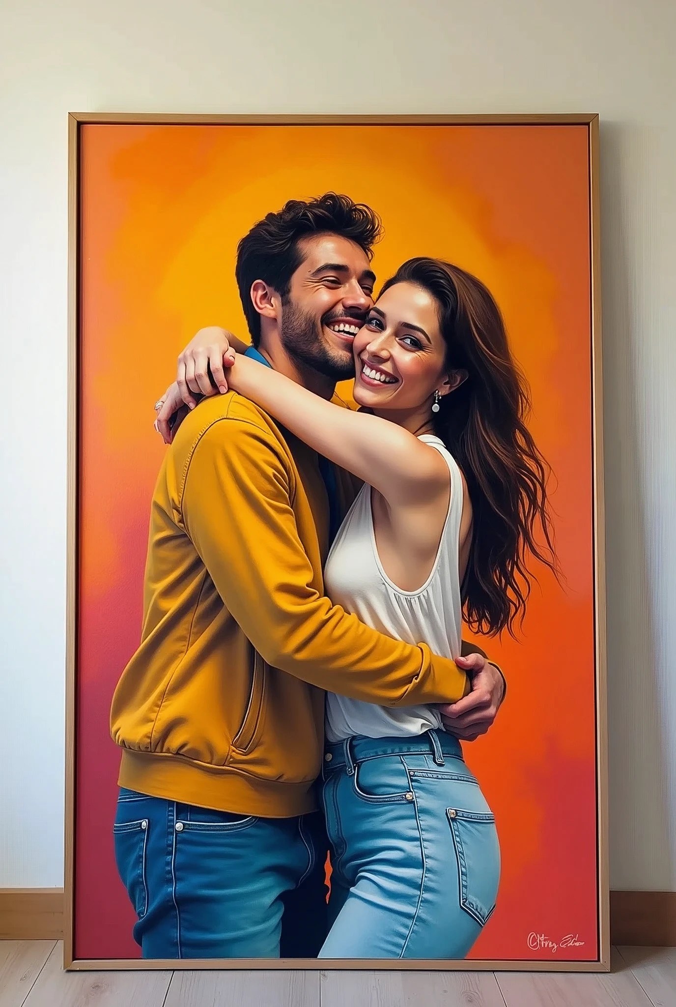 a wall with a painting of a couple, the painting is without a frame and shows joy