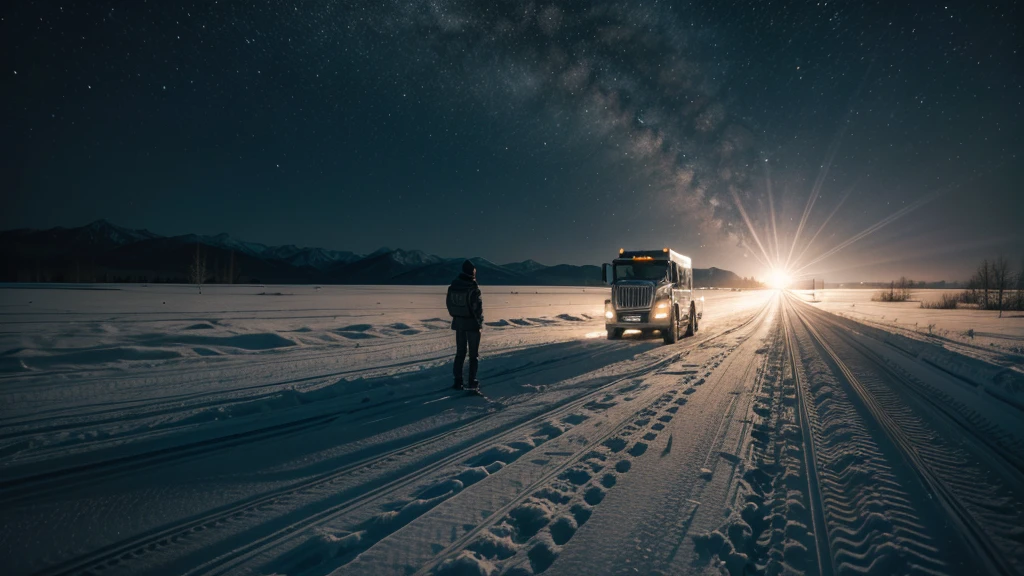 A lone man stands on a deserted, snow-lined road at night, next to a large truck. The scene is eerily silent, with the dark, empty road stretching out into the distance. The man is caught in a blinding, mysterious beam of white light descending from above, as if from a powerful spotlight. The light casts sharp, dramatic shadows around him, illuminating the snow-covered roadside and making the surrounding darkness even more intense. His posture is tense, frozen in place, as if mesmerized or held by an unseen force. The truck beside him is partially bathed in the light, its contours stark and ghostly. The scene evokes the unsettling, otherworldly atmosphere of an alien abduction, with the strong, unnatural light creating a sense of impending danger and the unknown