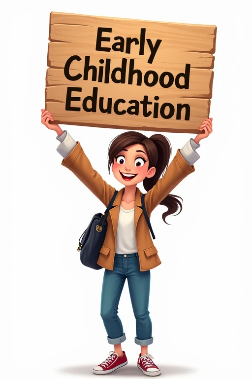 Teacher holding a wooden sign above their head that reads 'Early Childhood Education' and looking at it with animation.