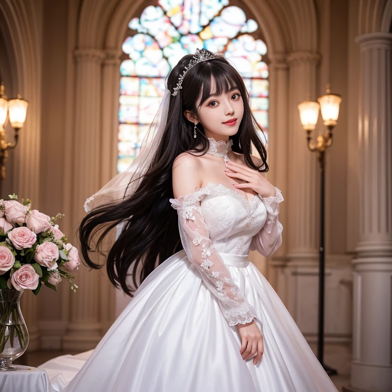 best quality, Delicate face,beautiful visual work, lifelike, eternity, black hair, Long curly hair, blunt bangs, Smile, Detailed Background, Delicate face,pink blush,cold,((masterpiece))、(top quality)、8k、high detail、Super detailed,31 years old female,Seductive and whimsical style、masterpiece、born、Scenes resembling fairy tale illustrations、Intricate details and complex designs、Beautifully、magic、capricious、 Beautifully、Dream aesthetics、「𝓡𝓸𝓶𝓪𝓷𝓽𝓲𝓬、ethereal、charming、fickle、magic」、Realism、Visual effects、FXAA、SSAO、Shaders、voiceless、ambient lighting、Tone mapping、High resolution、Ultra high quality、Million pixels、(8K resolution:1.10)、8k、Below 8K、8K resolution、high detail、intricate details, (high quality:1.2、masterpiece:1.2、:1.21)、(31 years old female:1.21)、(Smile excitedly)、(Surrounded by the dreamy atmosphere、Model diagram,full-body shot,Normal 2 feet,Don't show your fingers,wearing white princess wedding dress, Don’t show your feet, big skirts, princess dress, wedding princess dress, ball gown wedding dress, bride, bridal veil,in the church,Holding flowers in both hands, long skirt, long sleeves,a bride, skirt covers feet.