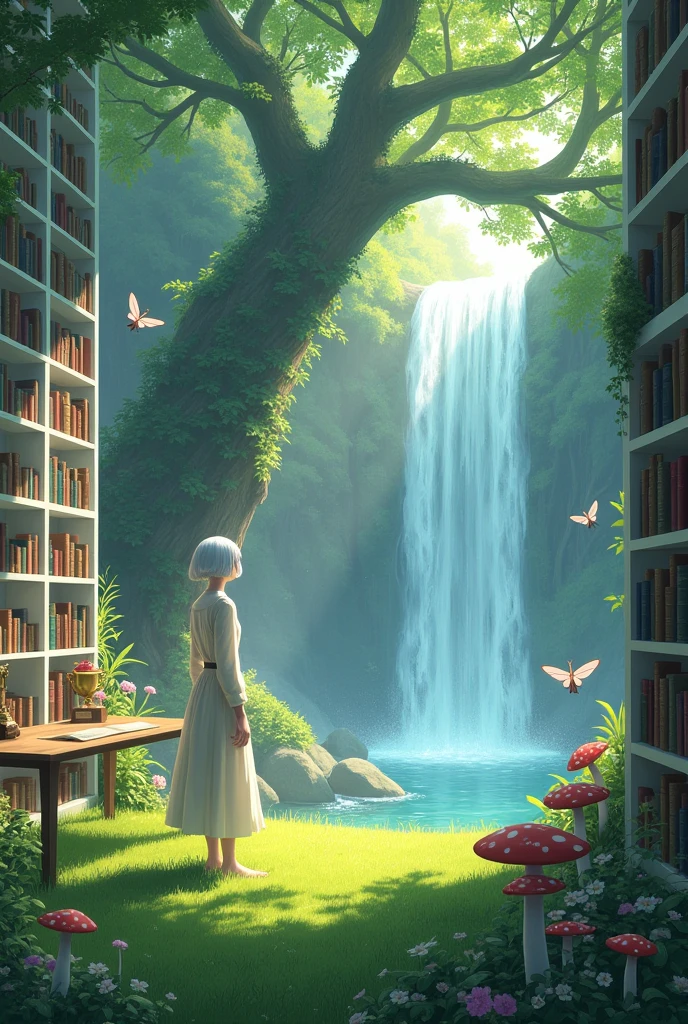 large library, White shelves (textbooks, Trophies), Modern desk, Large sturdy tree, grassy floor, Crystal clear waterfall, flowers, toadstools, butterflys,ladyboy.