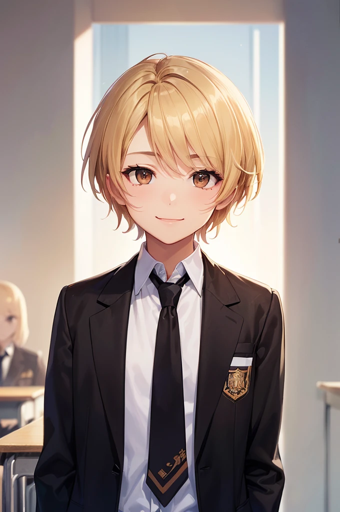 (((masterpiece; best quality: 1.2))), (detailed eyes: 1.3), ((ung man)), ((solo)), (brown eyes: 1.4), (body shape; lean, masculine, manly face: 1.3), (short blond hair: 1.3), (clear background: 1.2), ((depth of field)), (equipment: male school uniform + black jacket + black necktie + white shirt: 1.3), (anime illustration: 1.2), (background composition; japanese highschool classroom + furniture: 1.1), (handsome: 1.1), (shot composition; standing + centered on face + bust close-up: 1.5), (facial expression; calm + smile: 1.2)