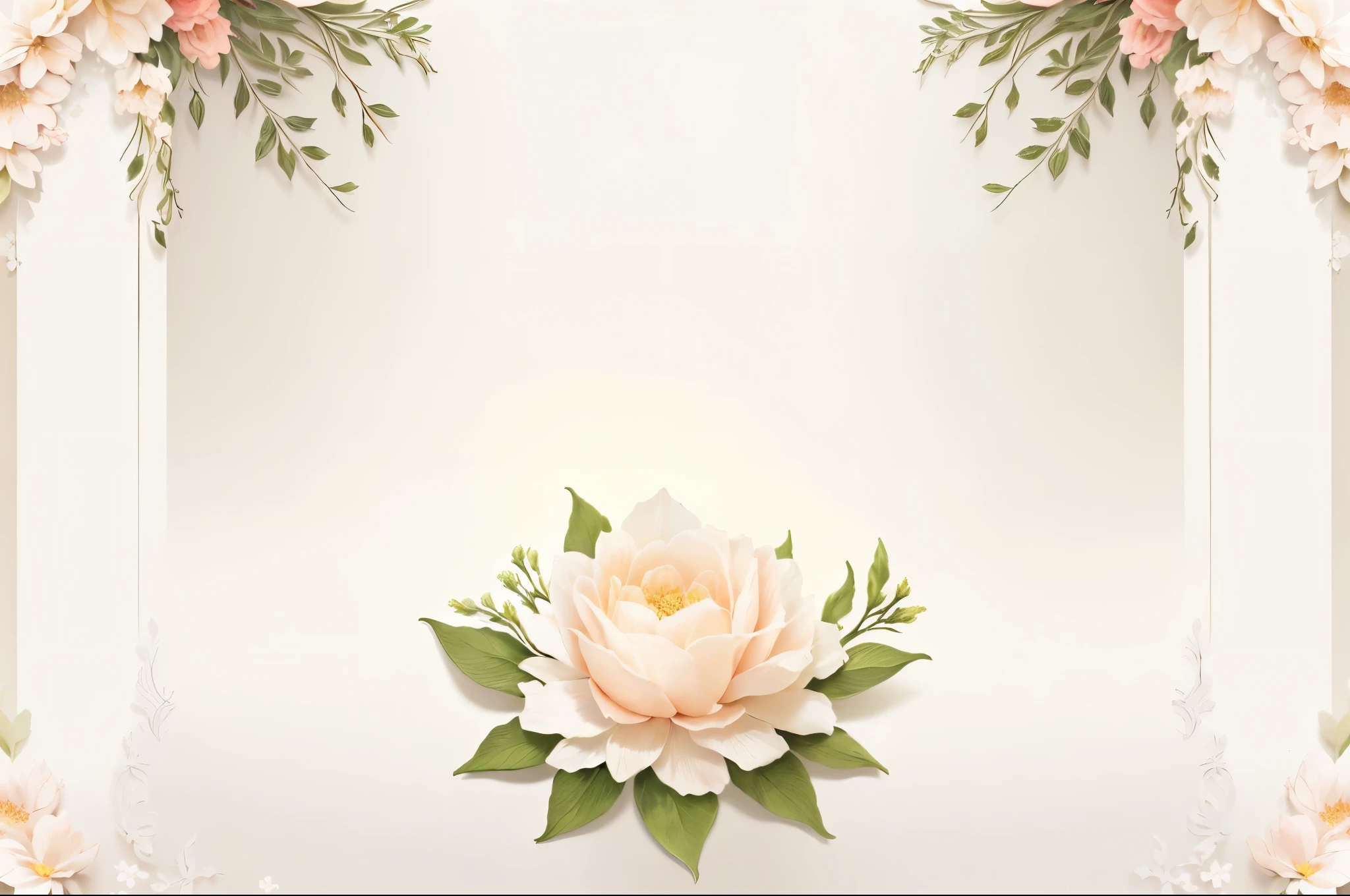 It has a floral border with flowers and leaves., flower background, Floral frame, background(solid), background natural flower, pastel flowery background, Wide Scene, floral background, fine background proportionate, Flower Environment, white border and background, No text, plain background, background is white, White border,
