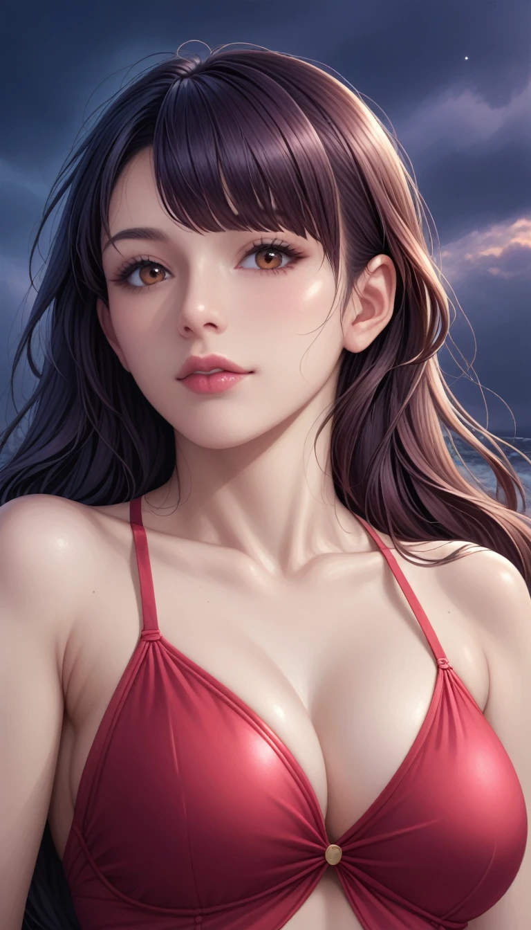 score_9, score_8_superior, score_7_superior, High-resolution CG illustration,A masterpiece in 32K resolution,Highest quality,it is really amazing,Very detailed,Ultra-high resolution,Ultra-realistic,Realistic,Increased depth of field,Cinematic lighting,
Sexy mature Japan woman,
Straight long hair with black hair,Ultra-detailed and beautiful face,Calm and gentle look,Beautiful brown eyes,Translucent white skin,Realistic skin texture,Great proportions,
Elegant red swimsuit,
Simple design,Chic color scheme based on red,Detailed fabric texture,
(Dark overcast sky on a dull night:1.1),(Dark clouds filling the sky:1.1),Thundercloud,Coastline at night,Stormy seas,delay々A desolate sandy beach that continues,
Lying on the sandy beach,High angle,