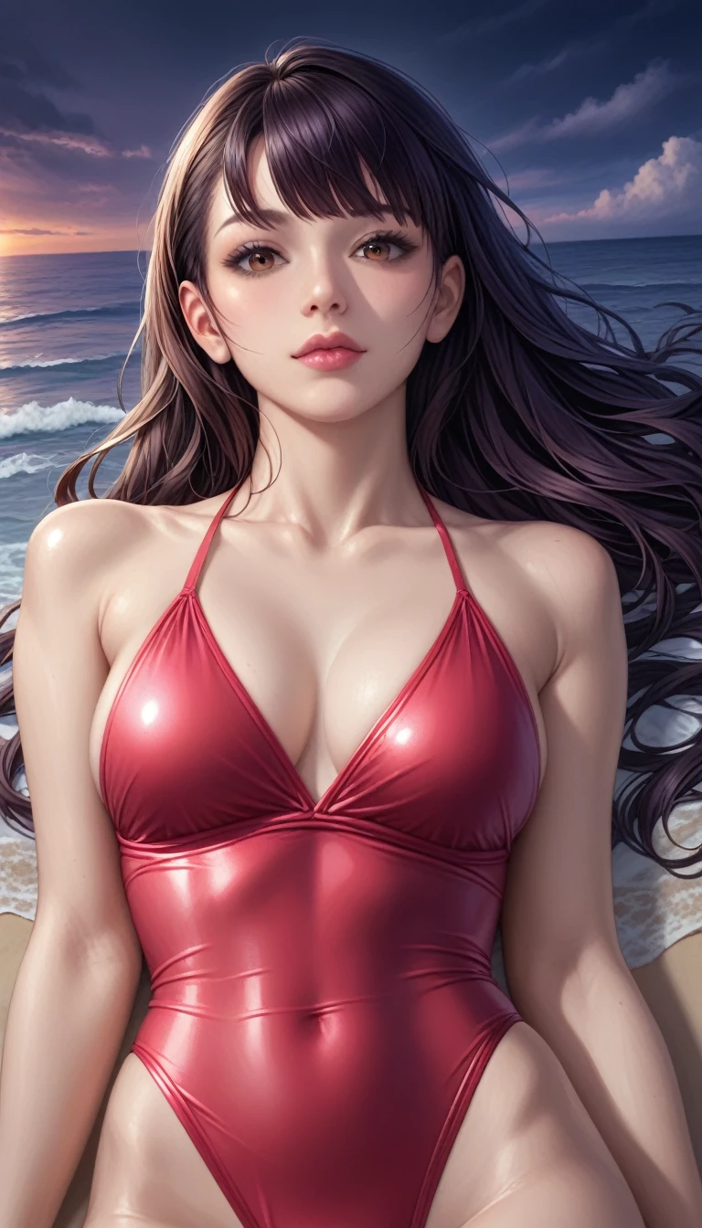 score_9, score_8_superior, score_7_superior, High-resolution CG illustration,A masterpiece in 32K resolution,Highest quality,it is really amazing,Very detailed,Ultra-high resolution,Ultra-realistic,Realistic,Increased depth of field,Cinematic lighting,
Sexy mature Japan woman,
Straight long hair with black hair,Ultra-detailed and beautiful face,Calm and gentle look,Beautiful brown eyes,Translucent white skin,Realistic skin texture,Great proportions,
Elegant red swimsuit,
Simple design,Chic color scheme based on red,Detailed fabric texture,
(Dark overcast sky on a dull night:1.1),(Dark clouds filling the sky:1.1),Thundercloud,Coastline at night,Stormy seas,delay々A desolate sandy beach that continues,
Lying on the sandy beach,High angle,