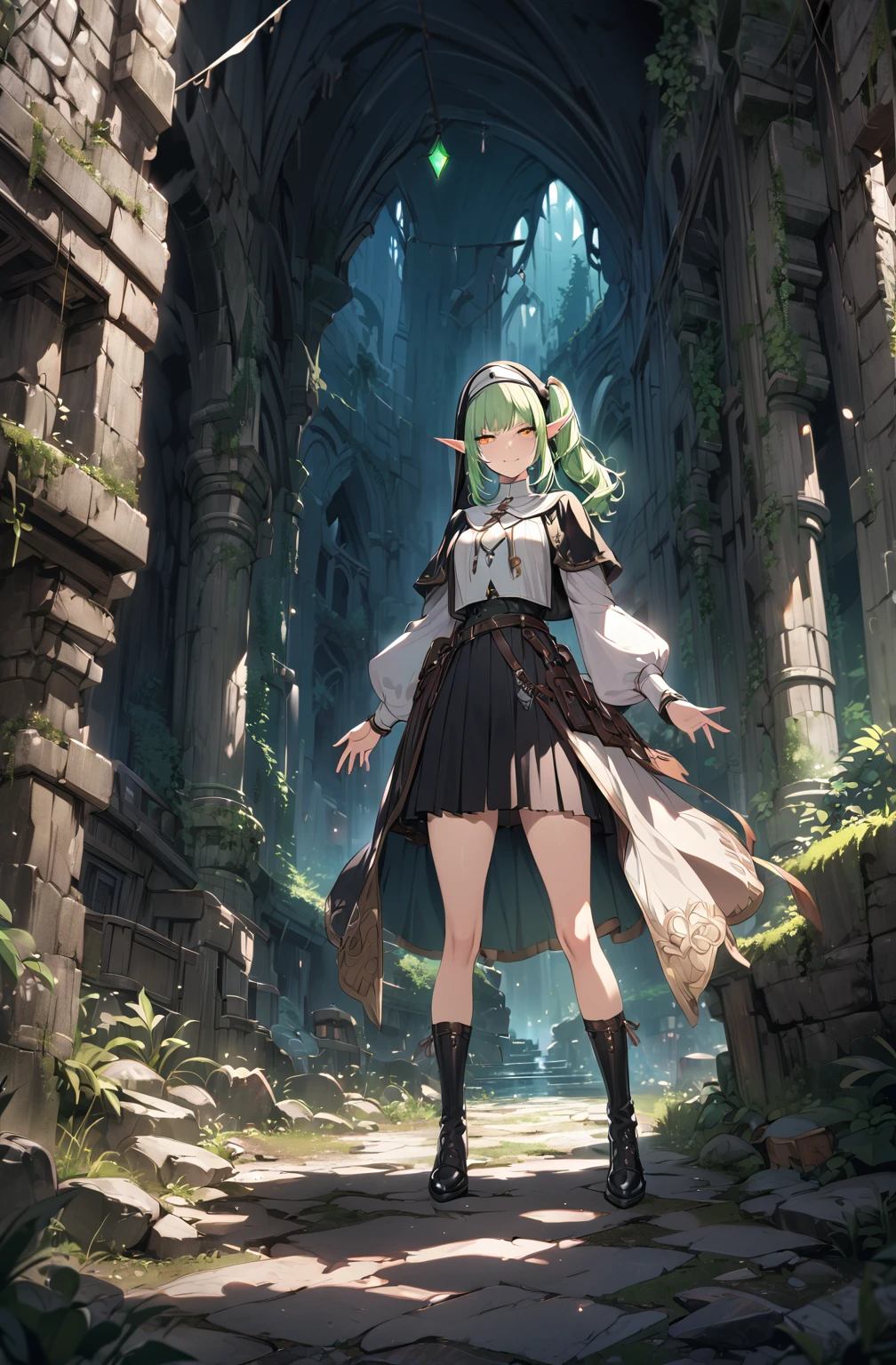 high quality, 4k, 8k, highres, HDR, UHD, masterpiece, ultra-detailed, a beautiful elf girl in a dark cave, extremely detailed face, light green hair,side ponytail,medium hair, furious expression, highly detailed, 8k, fantasy art, magical atmosphere, dark setting, dark cave, glowing eyes, pointed ears, nun costume, fantasy landscape,tsundere,Long eyelashes, Black eyeliner, Light gold eyeshadow,smile,ruin place,clergy clothes,full body,whole body,